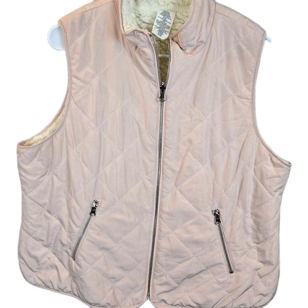 Ruby Rd Petite Large Pink Reversible Cream Sherpa Quilted Puff Vest Front Zip
